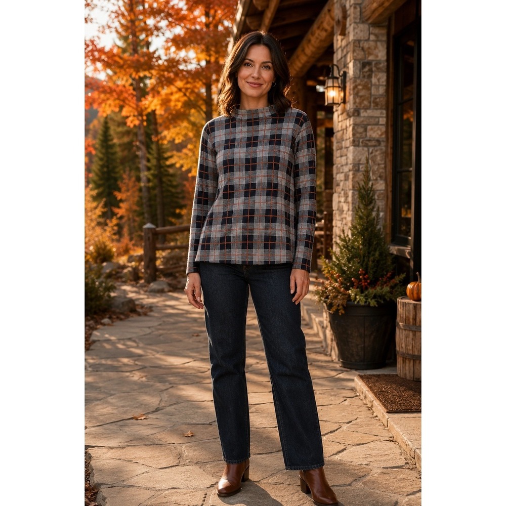 Pendleton Sweater Womens M 100% Merino Wool Black Orange Plaid Mock Neck
